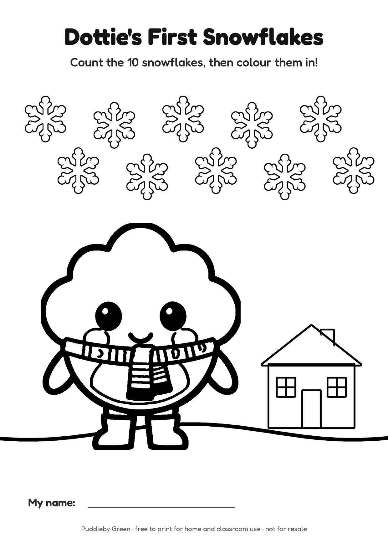 Colouring page: Dottie in a scarf with ten snowflakes to count and a cottage