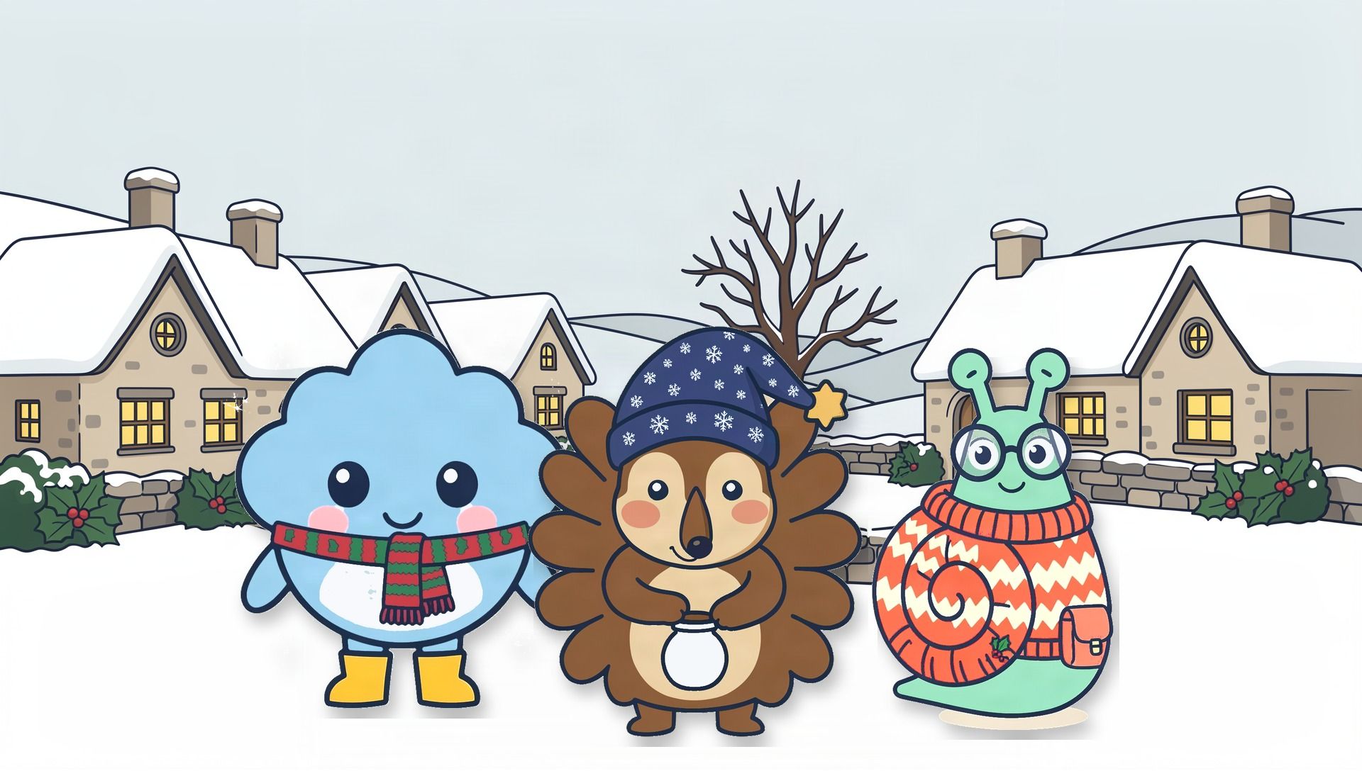 Dottie, Hob and Penny dressed for Christmas in the snowy village of Puddleby Green