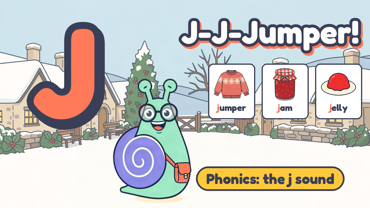 Penny Periwinkle the snail with a big coral letter J and picture cards for jumper, jam and jelly, with the words J-J-Jumper! Phonics: the j sound